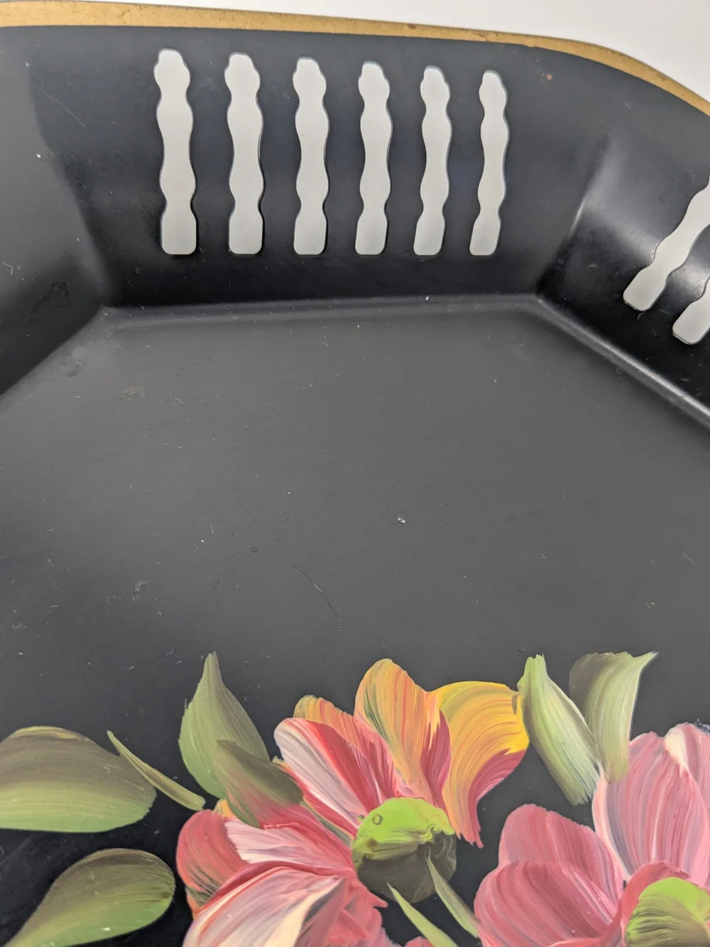 Vintage Nashco Hand-Painted Floral Black Serving Tray
